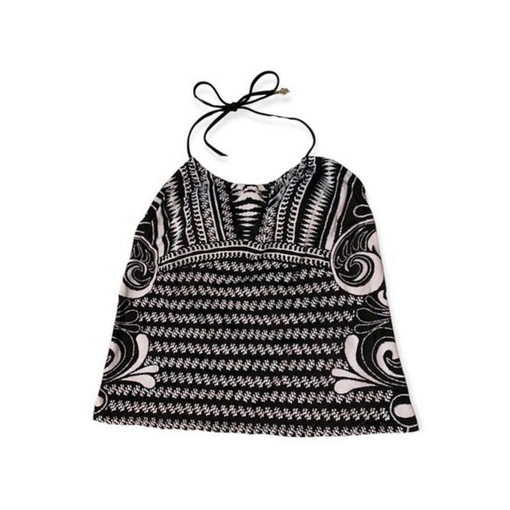 Aqua Green Black White Paisley Drawstring Embellish Neck Tie Tankini Swim Top S